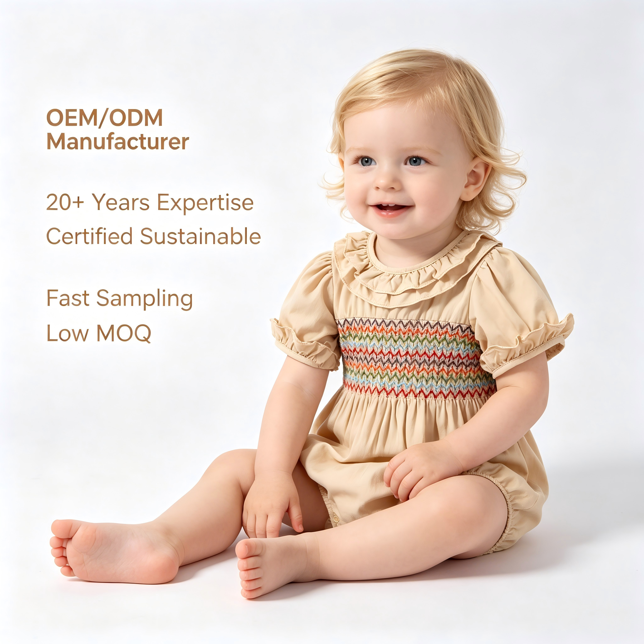 OEM/ODM Vintage 100% Cotton Smocked Baby Romper | Eco-Friendly Plant-Dyed Infant Jumpsuit | Custom Sustainable Ruffle Collar Newborn Bubble Bodysuit | Hand-Smocked Boutique Toddler Apparel Wholesale