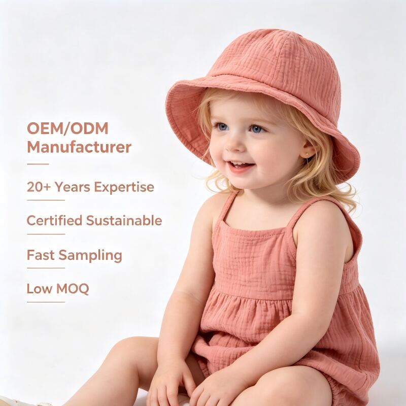 Fabricant personnalisé de chapeaux-baquet bio pour bébés | Chapeau solaire pour nourrissons en coton mousseline teint aux plantes, destiné aux marques de vêtements pour bébés en fabrication sous marque propre (OEM) et conception sous marque propre (ODM)
