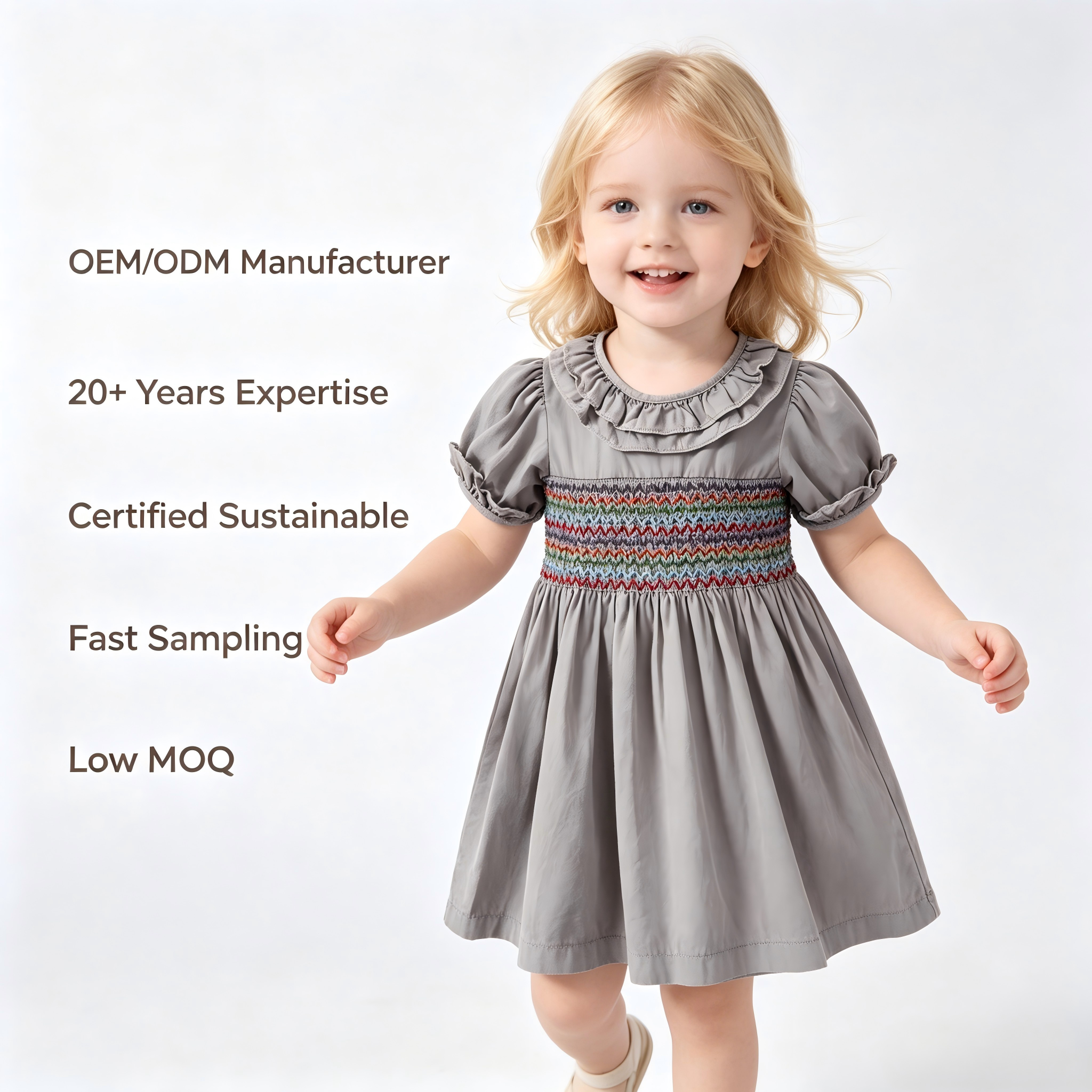 OEM/ODM Vintage 100% Cotton Smocked Baby Girl Dress | Eco-Friendly Plant-Dyed Toddler Dress | Custom Sustainable Botanical Ruffle Collar Kids A-Line Dress | Hand-Smocked Boutique Children Apparel Wholesale