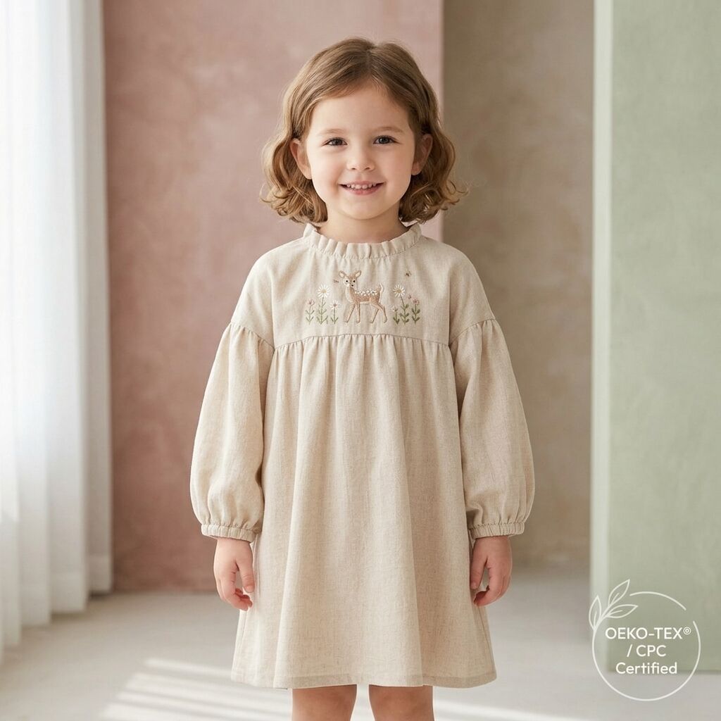 Custom Girls Cotton Linen Embroidered Deer Dress 2-10 Years 55% Cotton 45% Linen Long Sleeve Kids Dress OEM ODM Children's Clothing Manufacturer Private Label Boutique Girls Wear Supplier