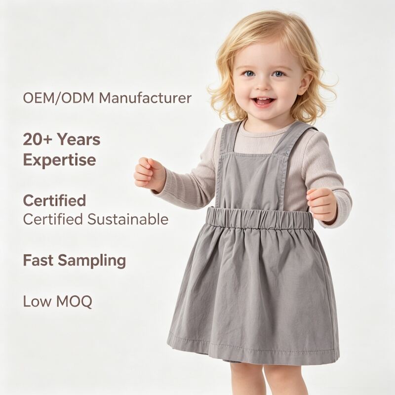 Op maat gemaakte biologisch katoenen babyjurk met schouderbanden, gekleurd met plantenkleurstoffen, peuterjurk met pinafore-stijl, OEM/ODM, productie van kinderkleding voor exclusieve merken voor babykleding