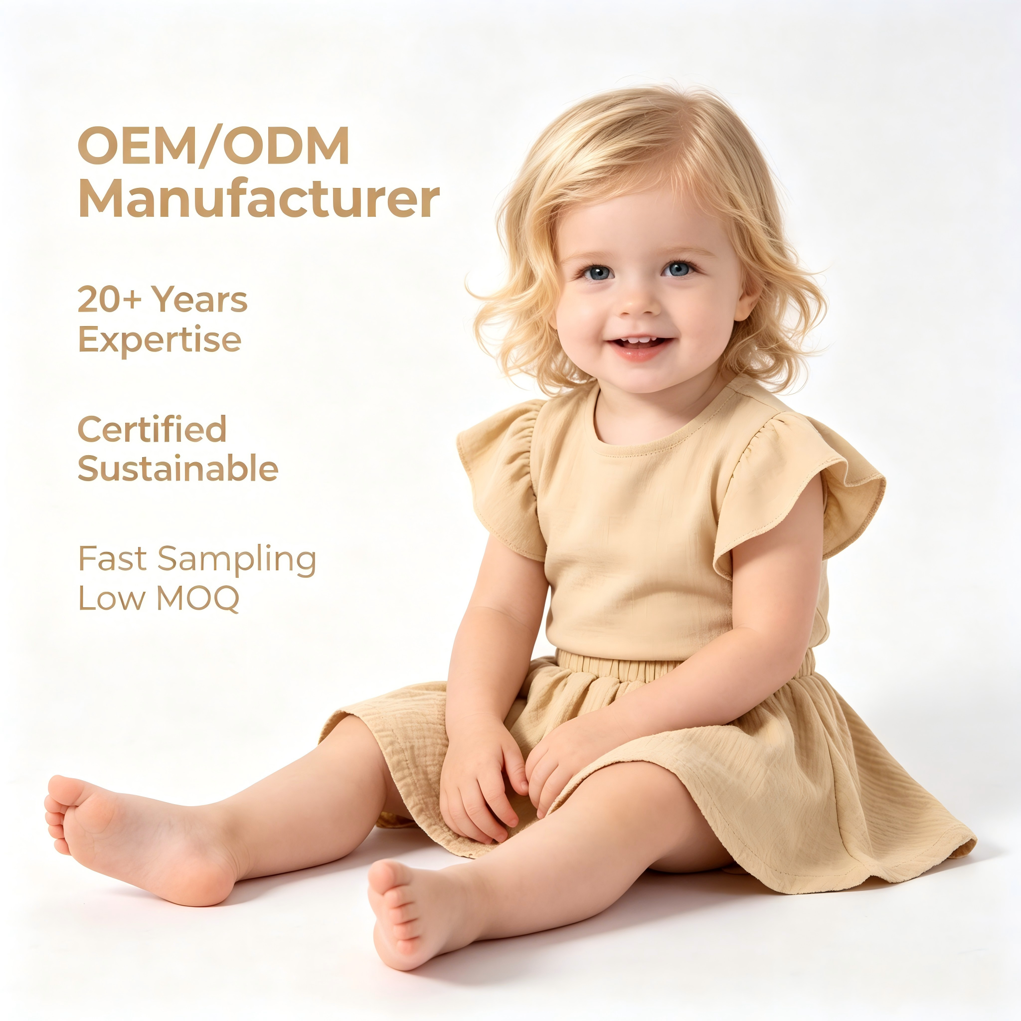 Jupe pour bébé fille en coton 100 %, double couche et froissée, OEM/ODM | Jupe mini A-line pour tout-petits, teinte à base de plantes écologique, 135 g/m² | Vêtements d'été durables et personnalisables pour enfants, à l’aspect biologique, destinés aux boutiques spécialisées, vente en gros