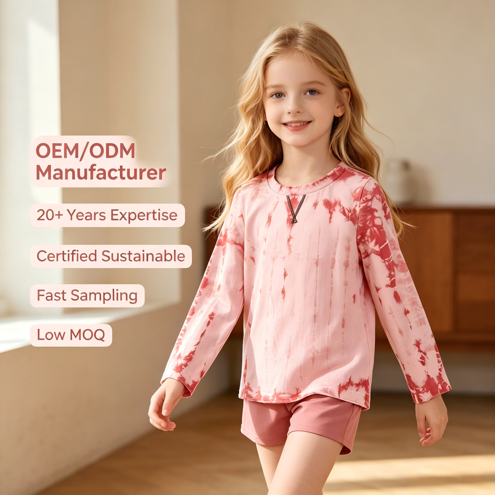 OEM/ODM 100% Cotton Girls Long Sleeve T-Shirt Natural Plant Botanical Dyed Tie Dye Kids Crewneck Tops with V-Stitch Detail Custom Wholesale Private Label