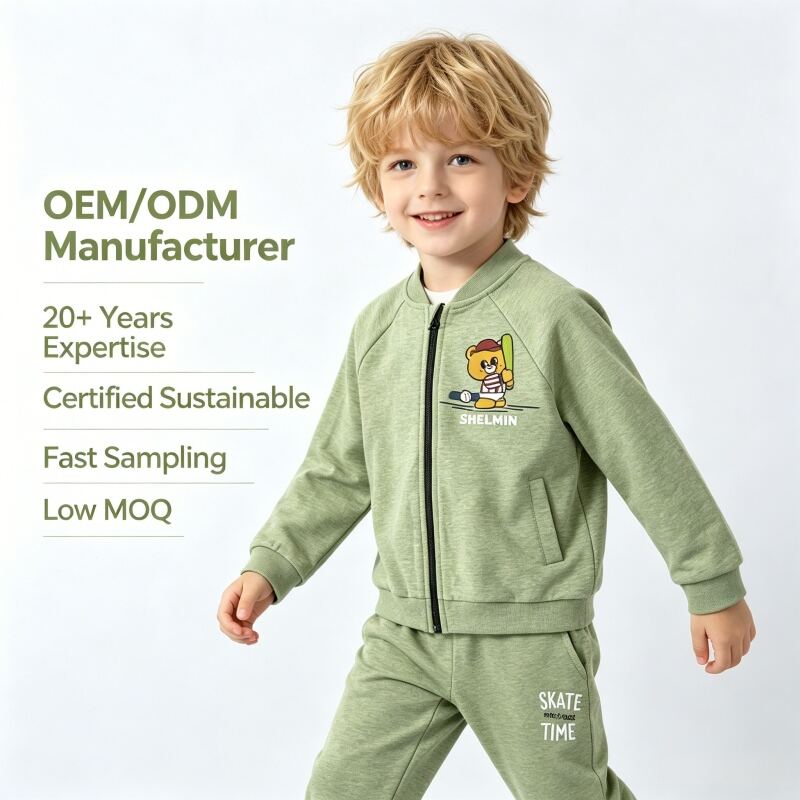 Jaqueta de Moletom com Zíper e Conjunto de Calça de Moletom para Crianças em Algodão, com Logotipo Personalizado | Fabricante de Moletom Infantil Tingido com Plantas, OEM e ODM