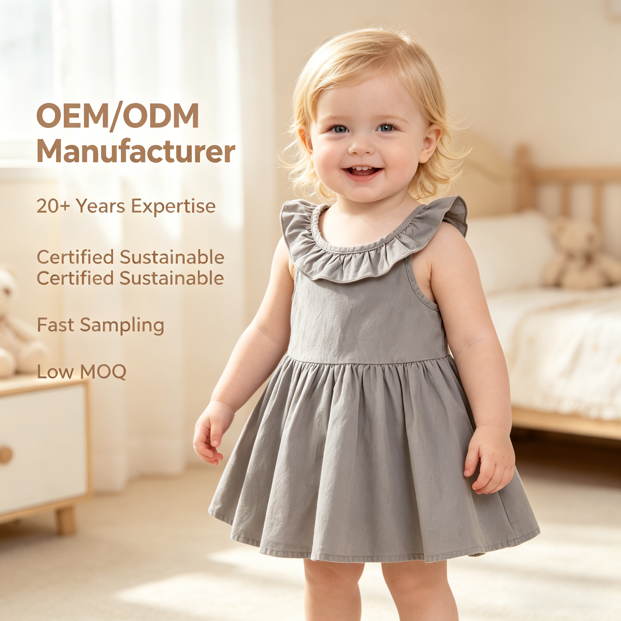 OEM/ODM 100% Cotton Ruffle Baby Girl Dress | Eco-Friendly Plant-Dyed Toddler Sun Dress | Custom Sustainable Botanical Sleeveless Kids Pinafore | Wholesale Premium Private Label Boutique Children Apparel