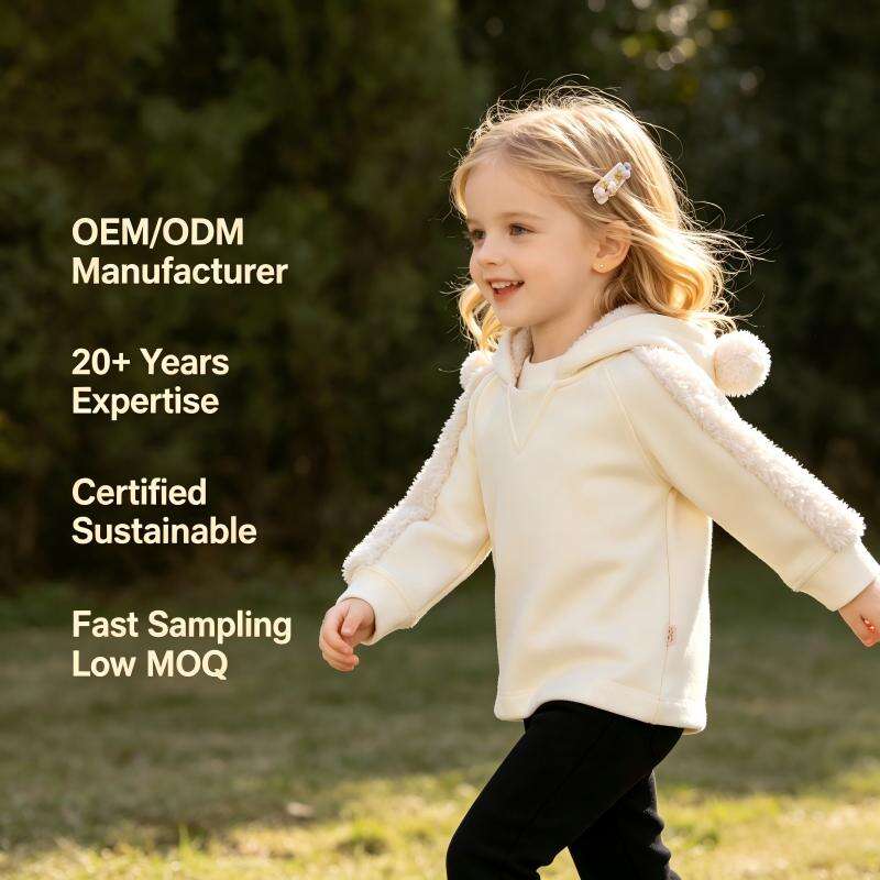 OEM/ODM Custom Cozy Kids' Bear Ear Hooded Sweatshirt - Plush Fleece Lined Hoodie with Textured Sleeves for Toddlers & Children, Bulk Manufacturing & Private Label Solutions