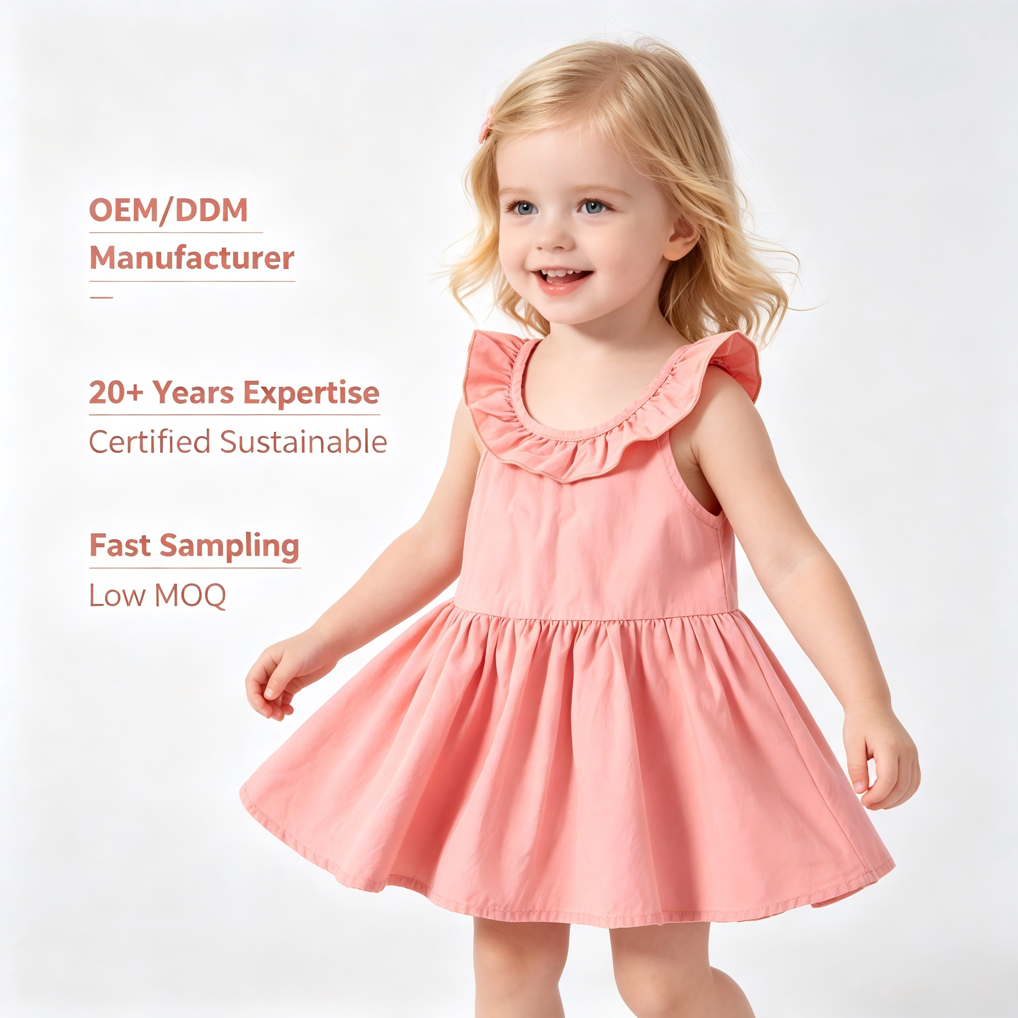 OEM/ODM 100% Cotton Ruffle Baby Girl Dress | Eco-Friendly Plant-Dyed Toddler Sun Dress | Custom Sustainable Botanical Sleeveless Kids Pinafore | Wholesale Premium Private Label Boutique Children Apparel
