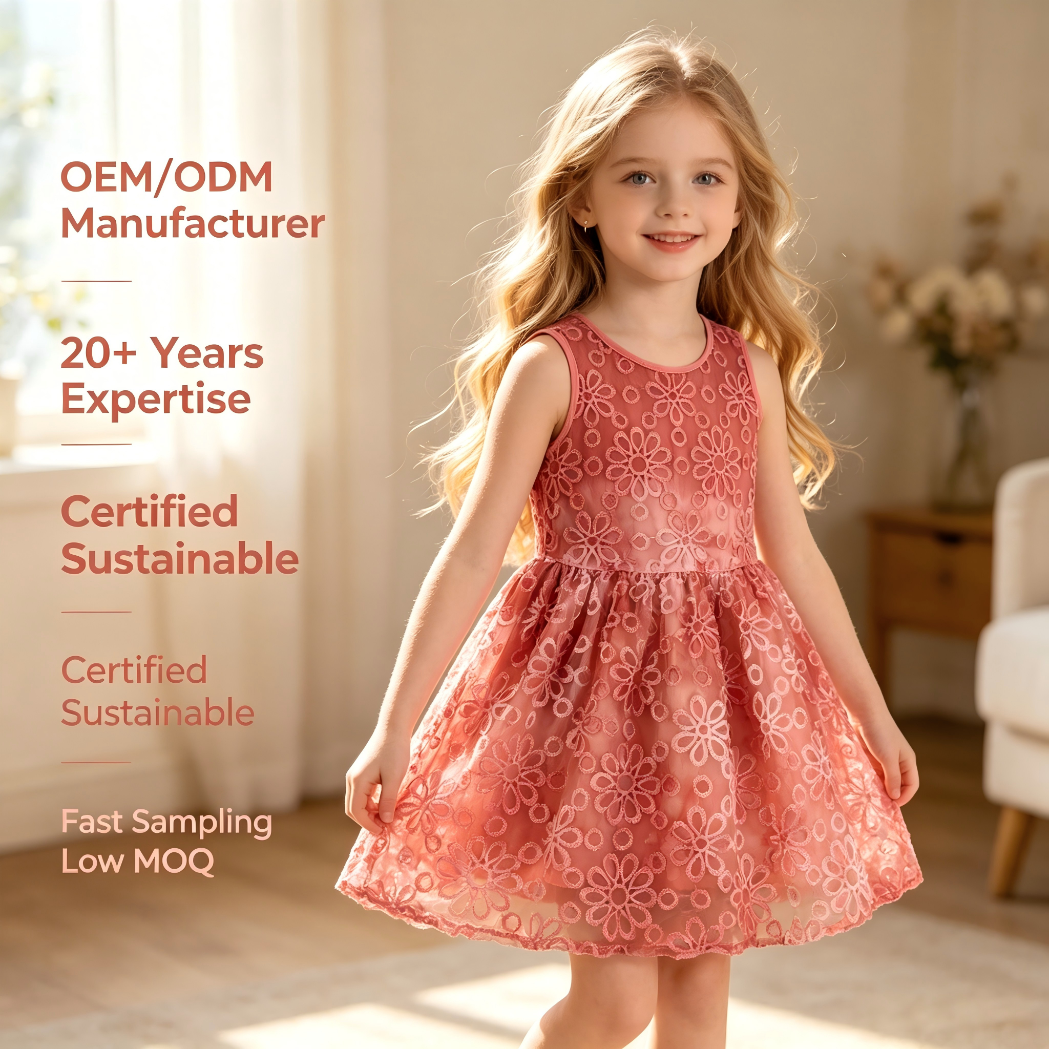 Custom Girls Floral Embroidered Dress Organic Cotton Plant Dyed Sleeveless Kids Boutique Dress OEM ODM Manufacturer