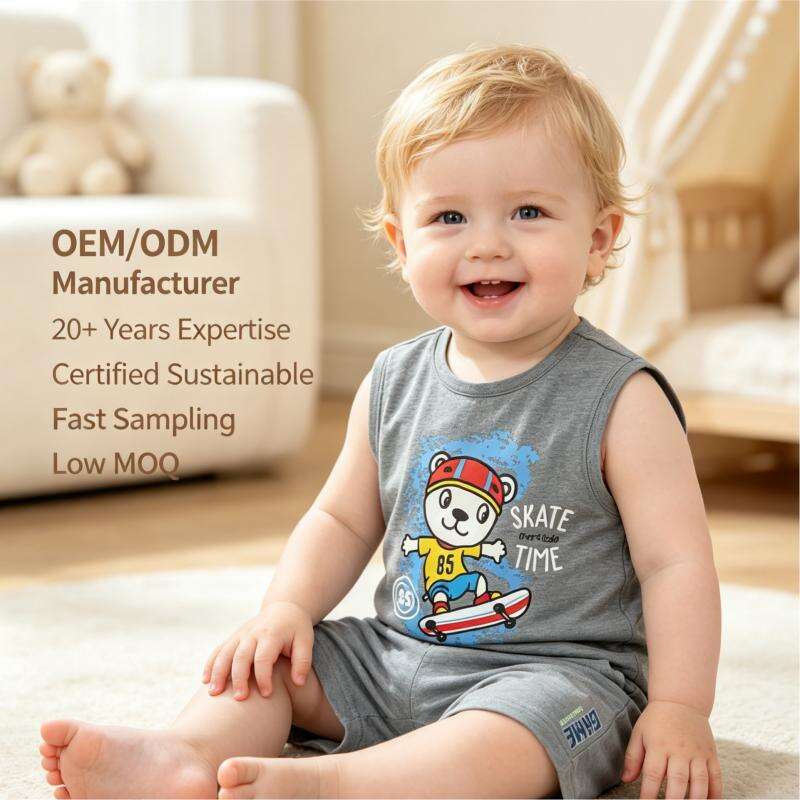 Conjunto Personalizado OEM/ODM para Crianças sem Mangas | Camiseta Tipo Tank Top e Shorts para Bebês e Crianças Pequenas em 100% Algodão Orgânico | Roupa de Verão Ecológica para Crianças Tingida com Plantas | Roupa Infantil Sustentável e Respirável com Marca Própria | Conjunto Esportivo Atóxico no Atacado