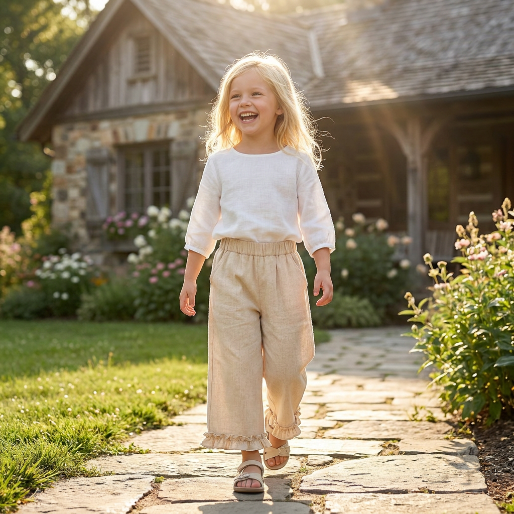OEM/ODM Girls Cotton-Linen Wide Leg Culottes Pants with Ruffle Hem | Elastic Waist Toddler Daytime Trousers Private Label Breathable Summer Boutique Bulk Supplier