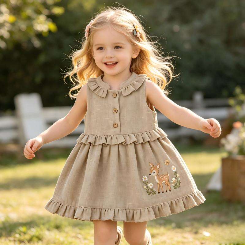 OEM ODM Baby Cotton Linen Embroidered Dress Custom Deer Embroidery Infant Ruffle Collar Dress 55% Cotton 45% Linen Sleeveless Toddler Boutique Dress Private Label Baby Clothing Manufacturer