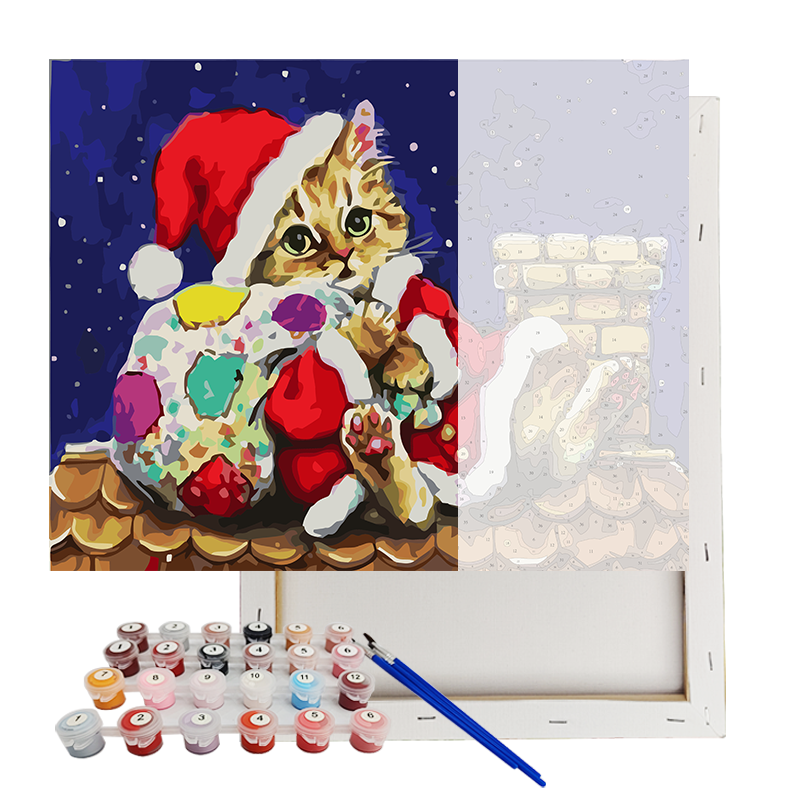 Arte de Pintura por Números al por Mayor Gato de Navidad sobre el Tejado