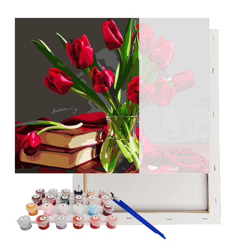 Conjunto de Pintura por Números DIY Tulipas Vermelhas em um Vaso