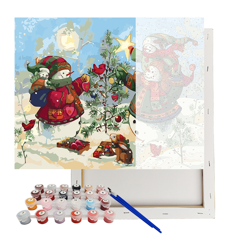Pintura por Números Personalizada para Adultos Muñecos de Nieve Decorando el Árbol
