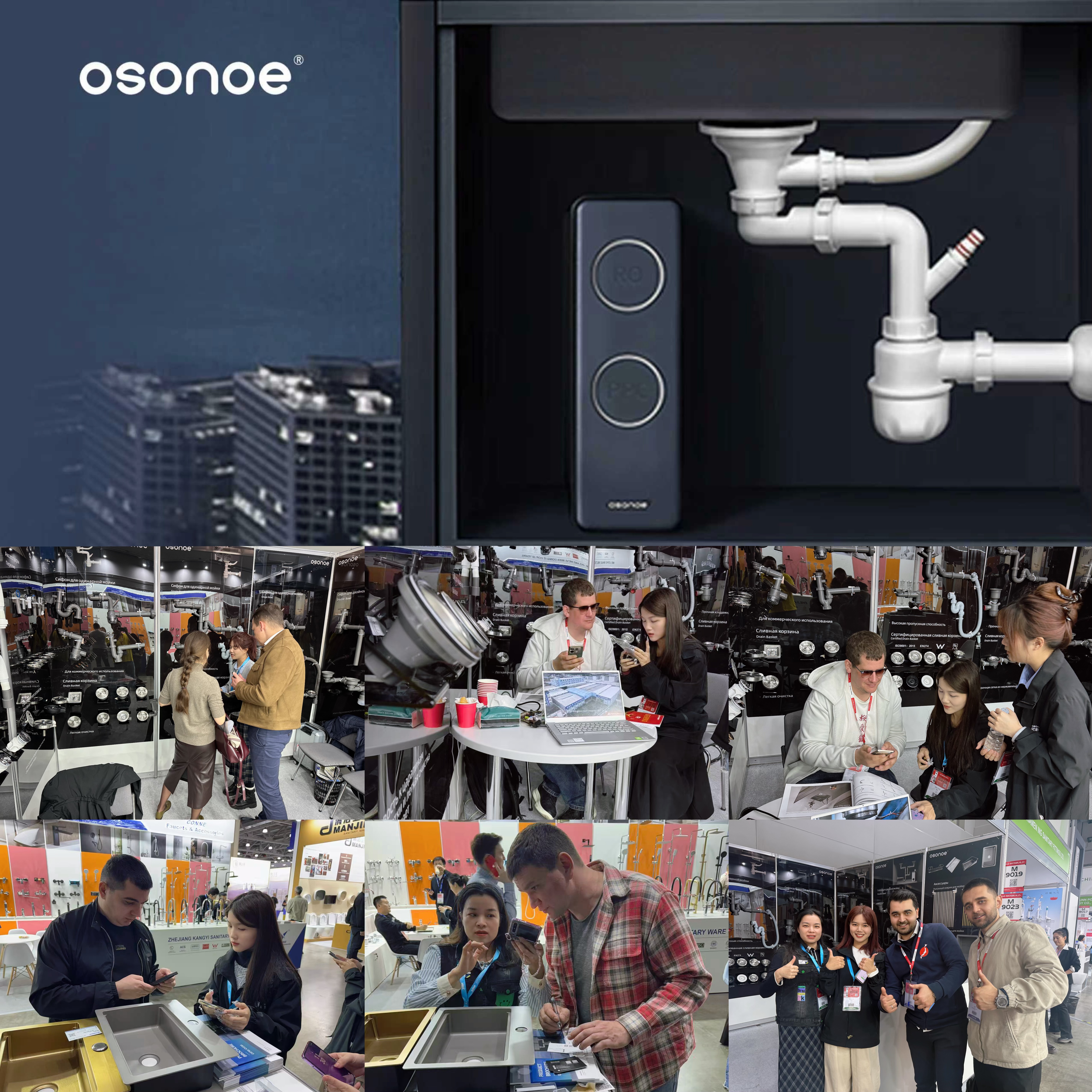 Discussing kitchen sink drainage solutions with international clients at trade show