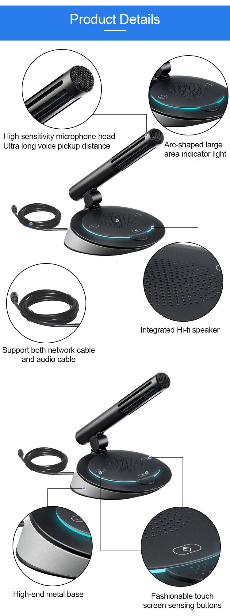 Digital Network Cable Wired Conference System Discussion Camera Tracking Chairman Mic Delegate Conference Microphone supplier