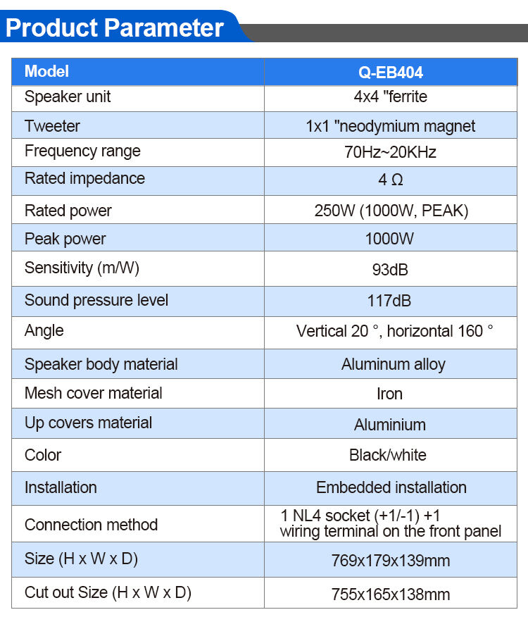 R-EB404 Indoor embedded line array column speaker 4*4″ ferrite speakers 250W@4Ω details