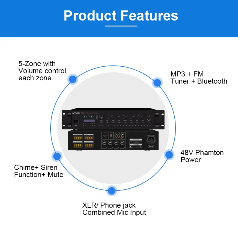 RBX-5060MT/5012MT/5024MT/5036MT 5-Zone MP3 Mixer Amplifier with Chime /Siren/48V phantom power / Combine Mic input