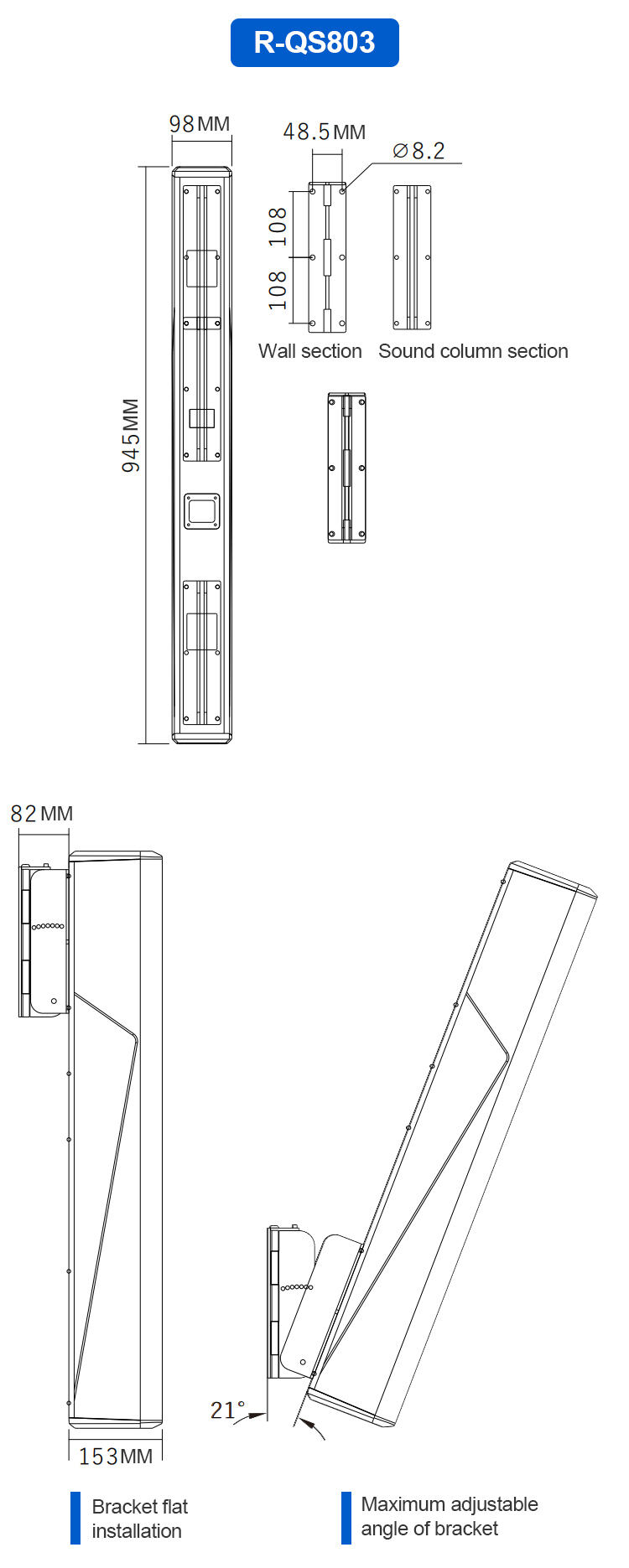 R-QS403/QS803 Waterproof Line array column speaker 4*3″ Ferrite speakers 100W@8Ω manufacture