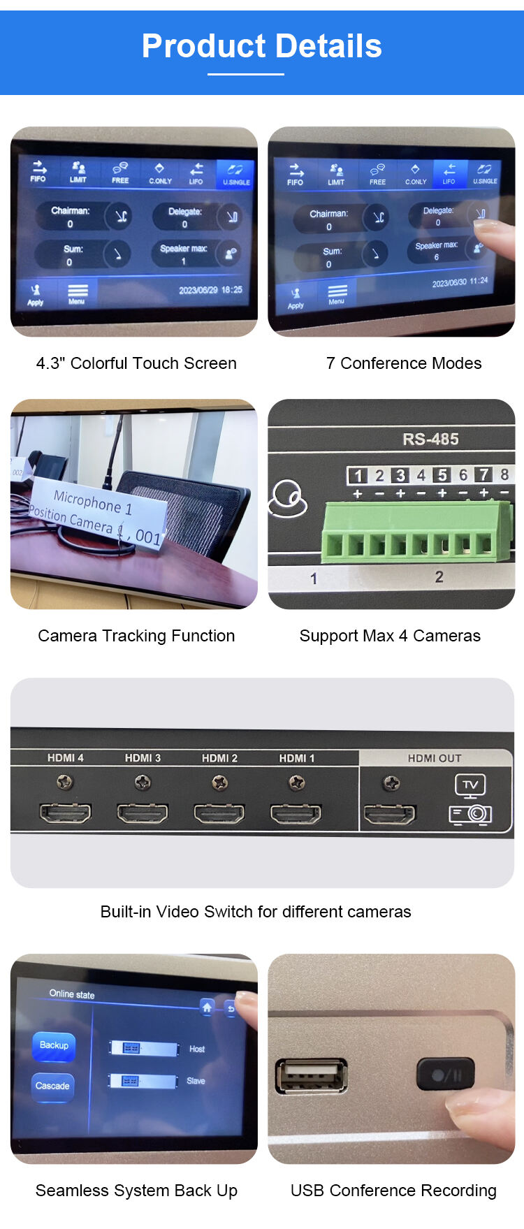 Professional meeting room discussion video tracking camera audio video wired digital conference system supplier