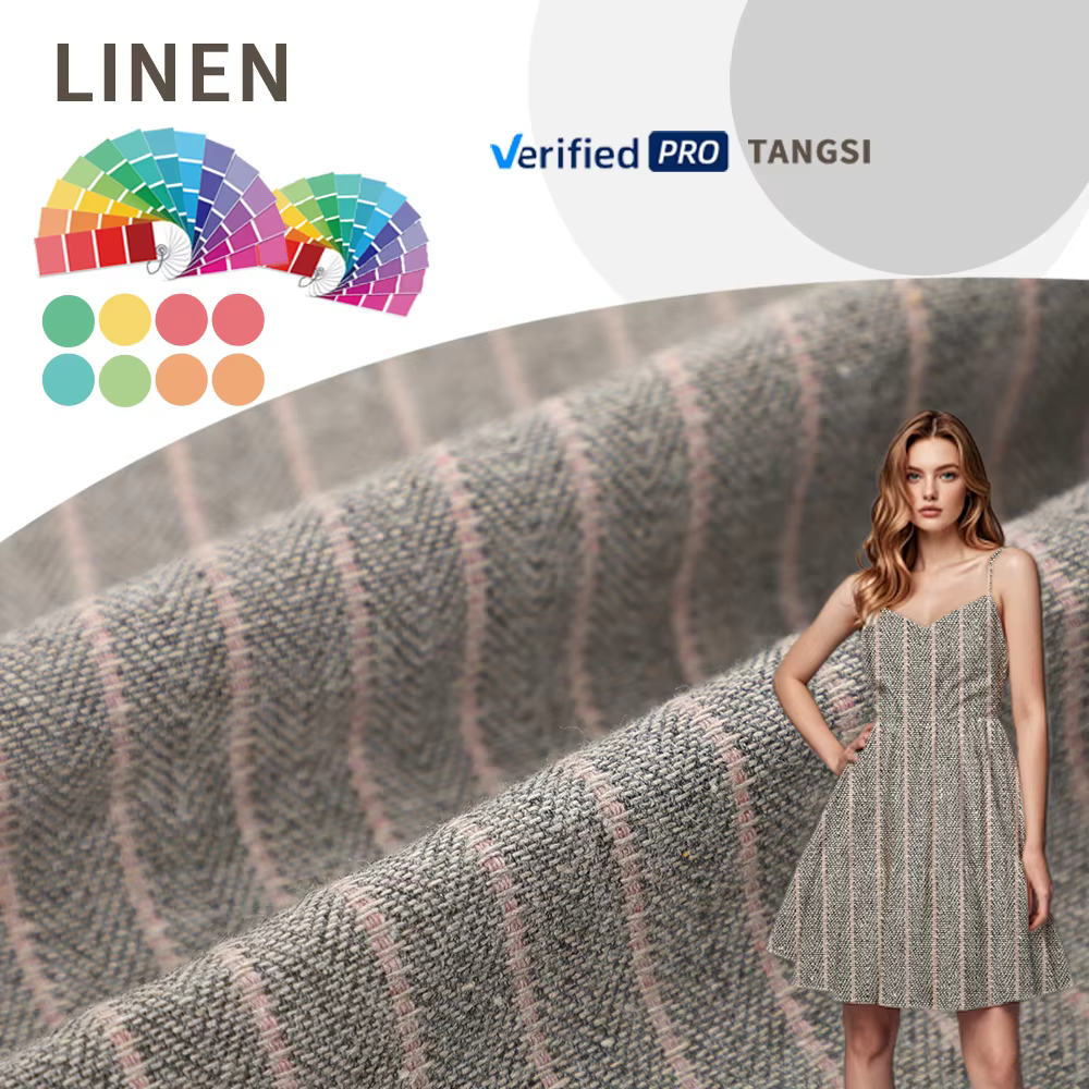 China New Trend Design Cheap Price Stripe Pattern Yarn Dyed Fabric 205GSM Cotton Linen for Girls Women's Clothing Dress Shirt factory