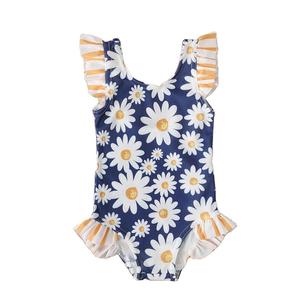 Custom Printed Ruffle Children Kids Swimsuit Bikini Navy Blue Daisy Print Teen Girls Bathing Suit factory