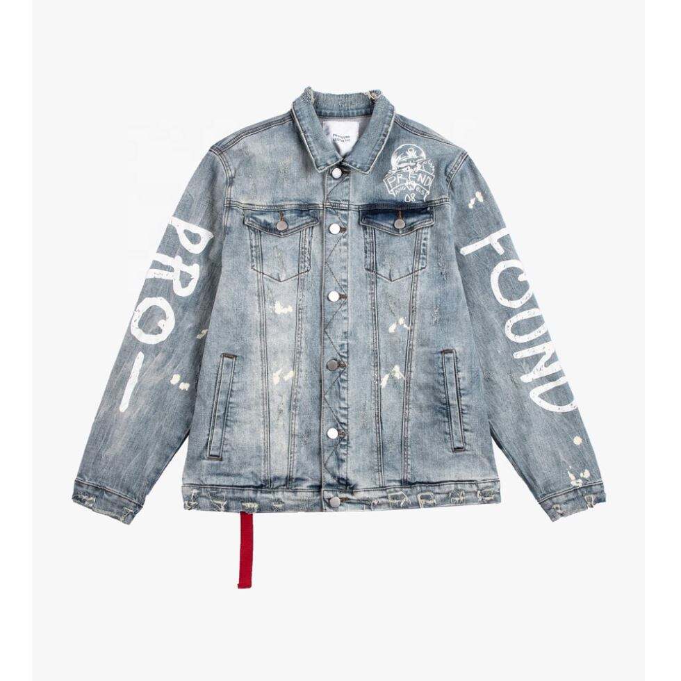 DiZNEW high quality damaged blue screen print fashion denim jacket manufacture