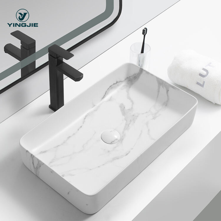 hotel white marble  rectangle artificial delux washing design deck mounted hand basin made in china factory