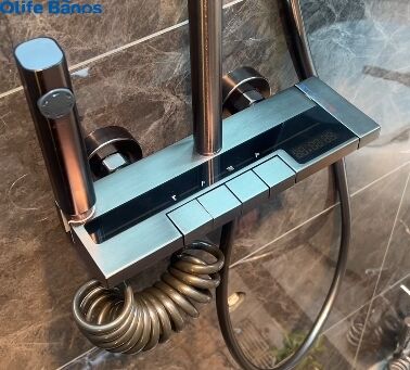 Modern Gunmetal  Digital Temperature LED  Aluminium Bathroom Rainfall Waterfall Shower head System Set factory