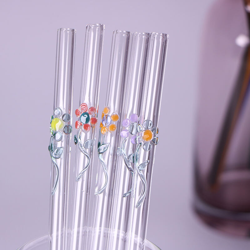 Custom Eco Friendly Reusable Colorful Flower Design Borosilicate Clear Straight Glass Drinking Straw factory