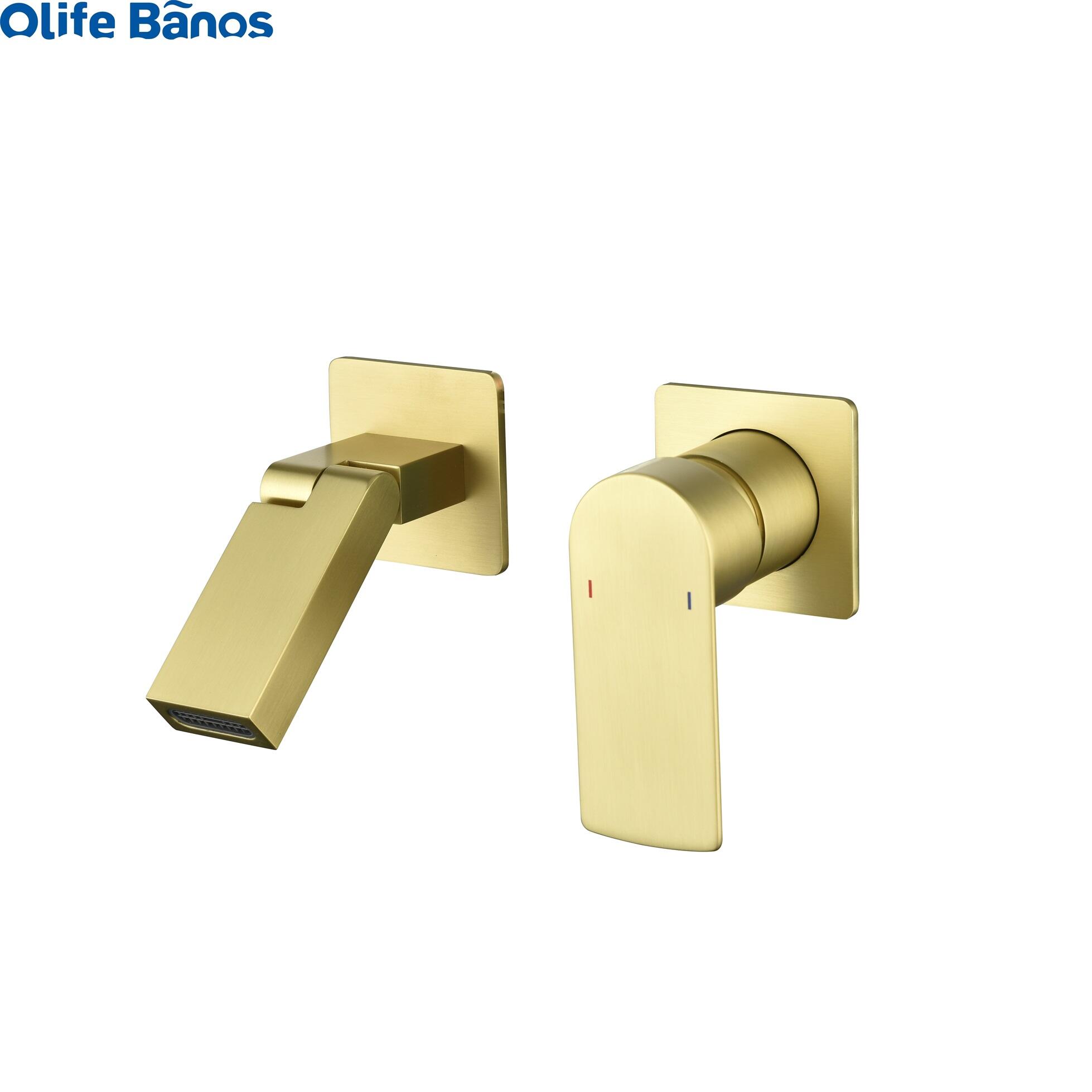 2023 Brushed Gold Finished Solid Brass Wall  Mounted Concealed installation Hot and Cold Bathroom Basin Faucets Mixer details