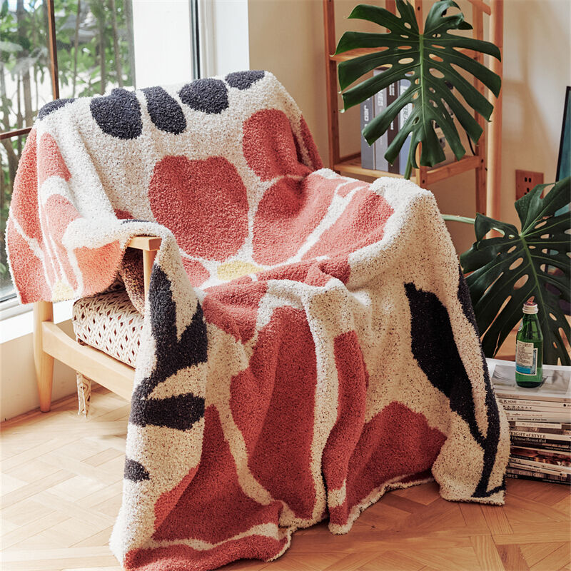 Flower print 100% microfiber super soft feather yarn knitted throw blanket for home decoration HQ details