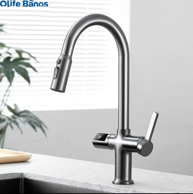 Olife Banos Hot Sale Pull Out  Digital Temperature  Display Hot And Cold Gunmetal  Brass Kitchen Tap Mixer Faucet For Kitchen supplier