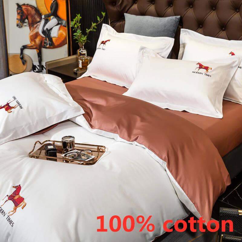 High quality 100% Cotton Two color Home Embroidery Bed Sheets Quilt Comforter Set Luxury Twin Size Bedding Set manufacture