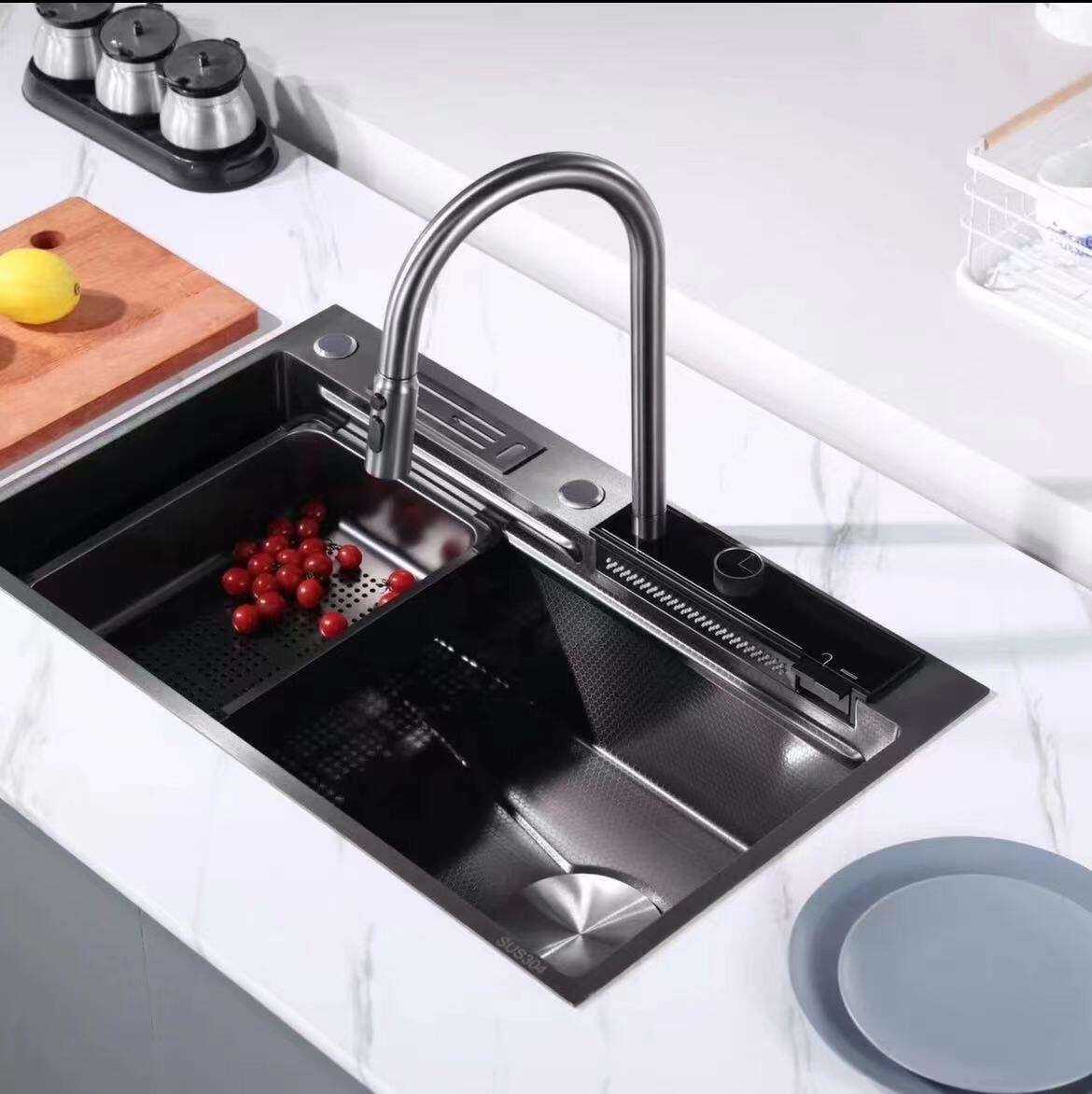 Olife Banos Newest Design 304  Digital Display Waterfall Faucet Bionic Honeycomb  Kitchen Sink With Cup Washer manufacture