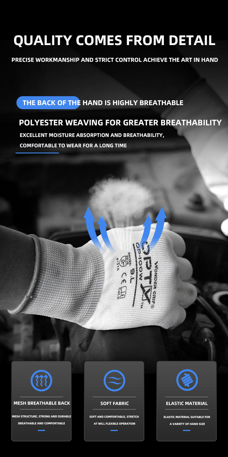 Wear-resistant OP-100W general-purpose PU gloves white Polyester PU gloves factory