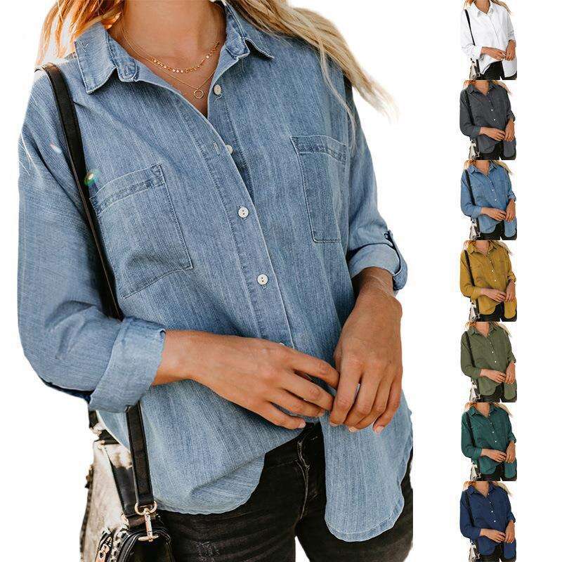 Denim Shirt for Women Collared Button Down Long Sleeve Jean Shirt Top Loose Lightweight Denim Jacket with Pockets details