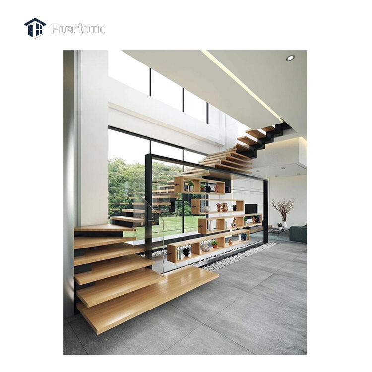 Invisible Stringer Wooden Tread Floating Cantilevered Staircase Straight Floating Stairs With Glass Railing Designs