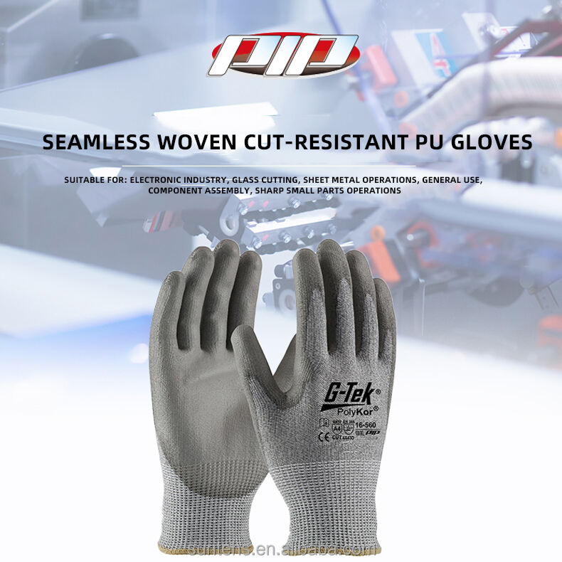 High quality PU palm finger coating protective gloves 16-560 gray seamless weave gloves details