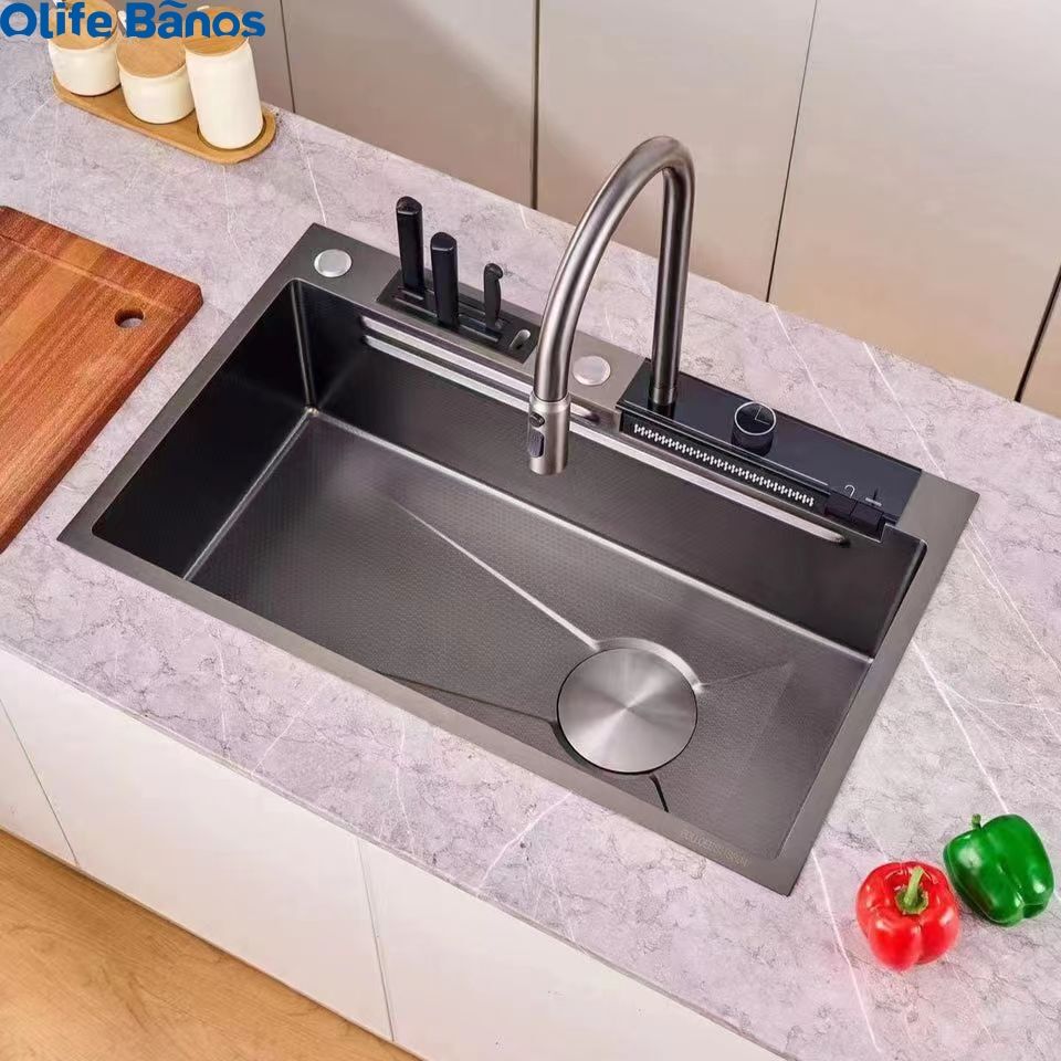 New Design 304  Digital Display Waterfall Faucet Bionic Honeycomb Single Bowl Advanced Kitchen Sink With Knife Holder factory