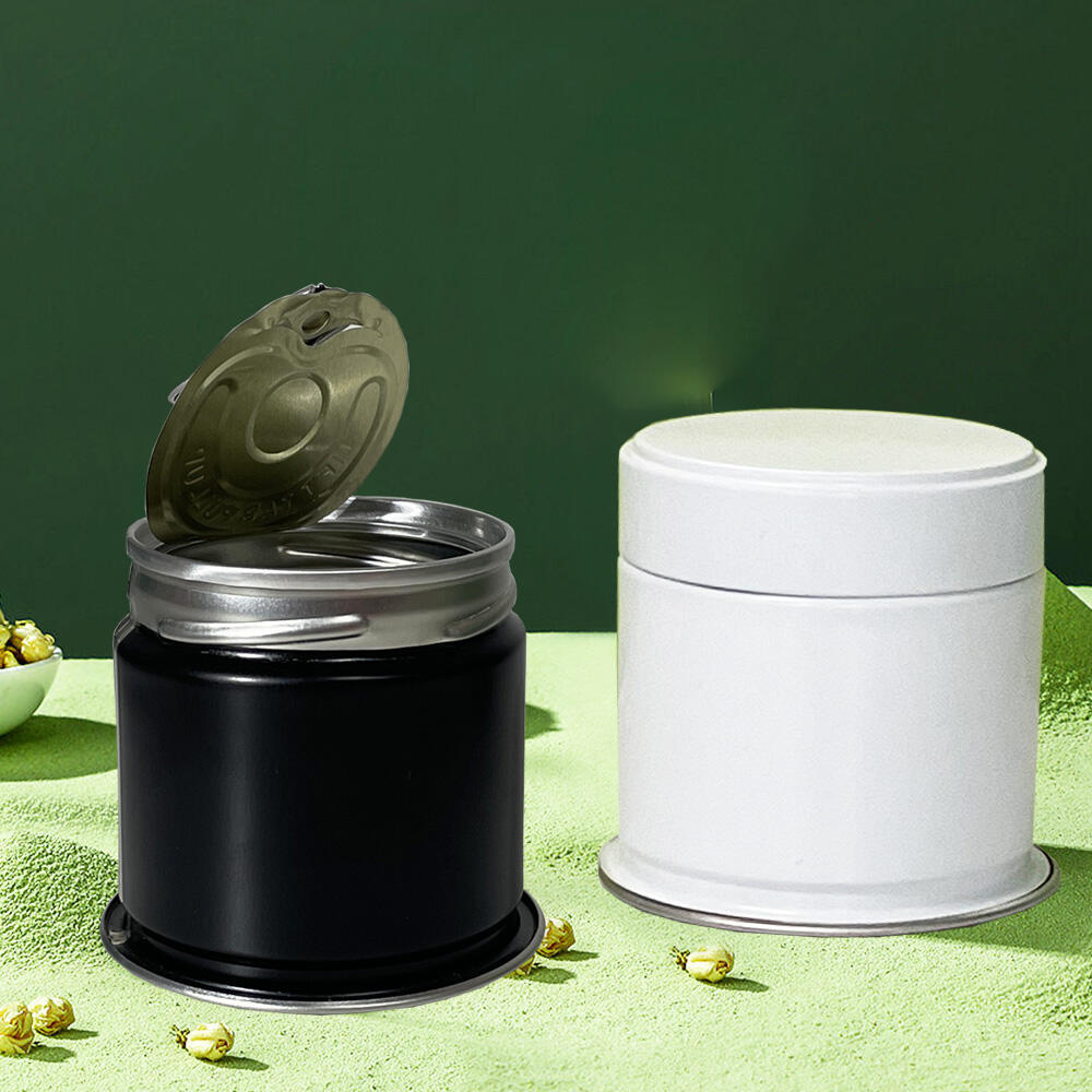 Wholesale black round welding  matcha tin tea white silver aluminum jar 30g easy open ring pull matcha tin can details