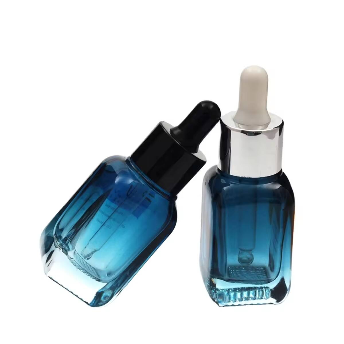 Custom square grid bottom blue gradient cosmetic glass bottles essential oil glass bottle serum packaging glass dropper bottle details