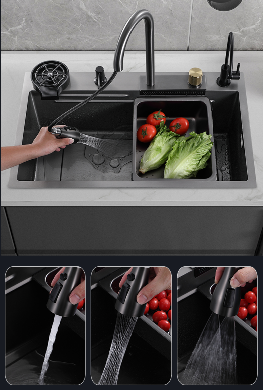 Tiktok Trends Stainless Steel All in One Kitchen Sink With Pull Down Faucet Waterfall Kitchen Faucet With Kitchen Drain supplier