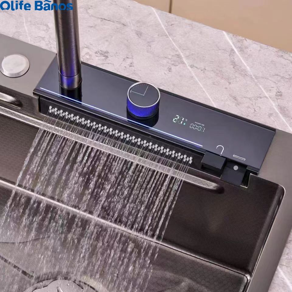 New Design 304  Digital Display Waterfall Faucet Bionic Honeycomb Single Bowl Advanced Kitchen Sink With Knife Holder details