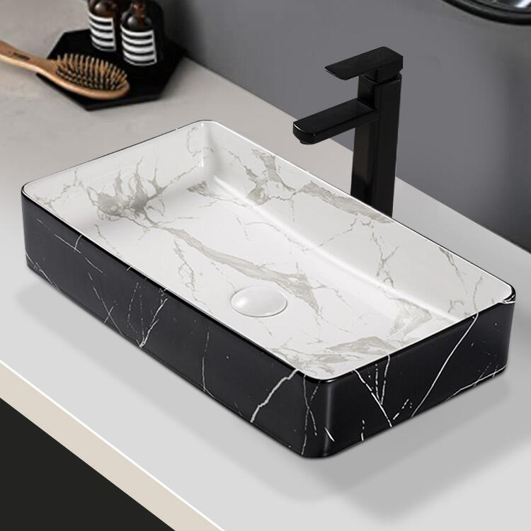 Fashion Ceramic above counter Vanity Basin Matte Black Marble Overmount Bathroom Sink factory