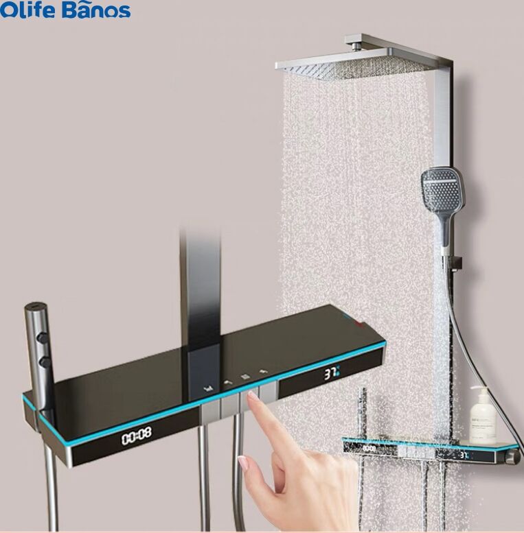 Olife Banos Grey Piano Button Ambient Light Bathroom Shower Full Set Digital Display Shower System Sets Rain Faucets Shower Set factory