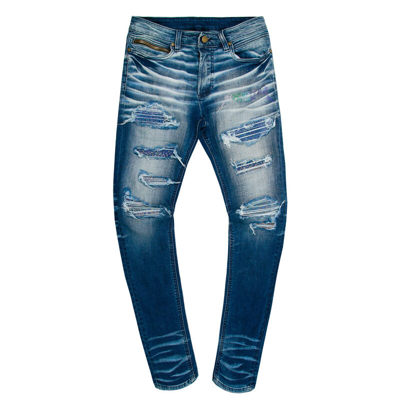 DiZNEW OEDM/ODM rhinestone men jeans dark blue men ripped  jeans supplier