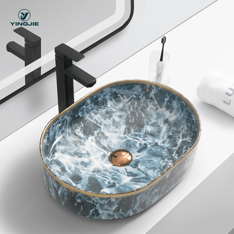 round  ceramic art hand wash sink bathroom countertop colorful marble basin supplier