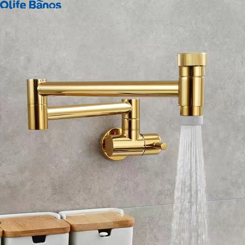 Gold Pot Filler Faucet Wall Mount Folding Kitchen Sink Faucet with Double Swivel Swing Arm manufacture