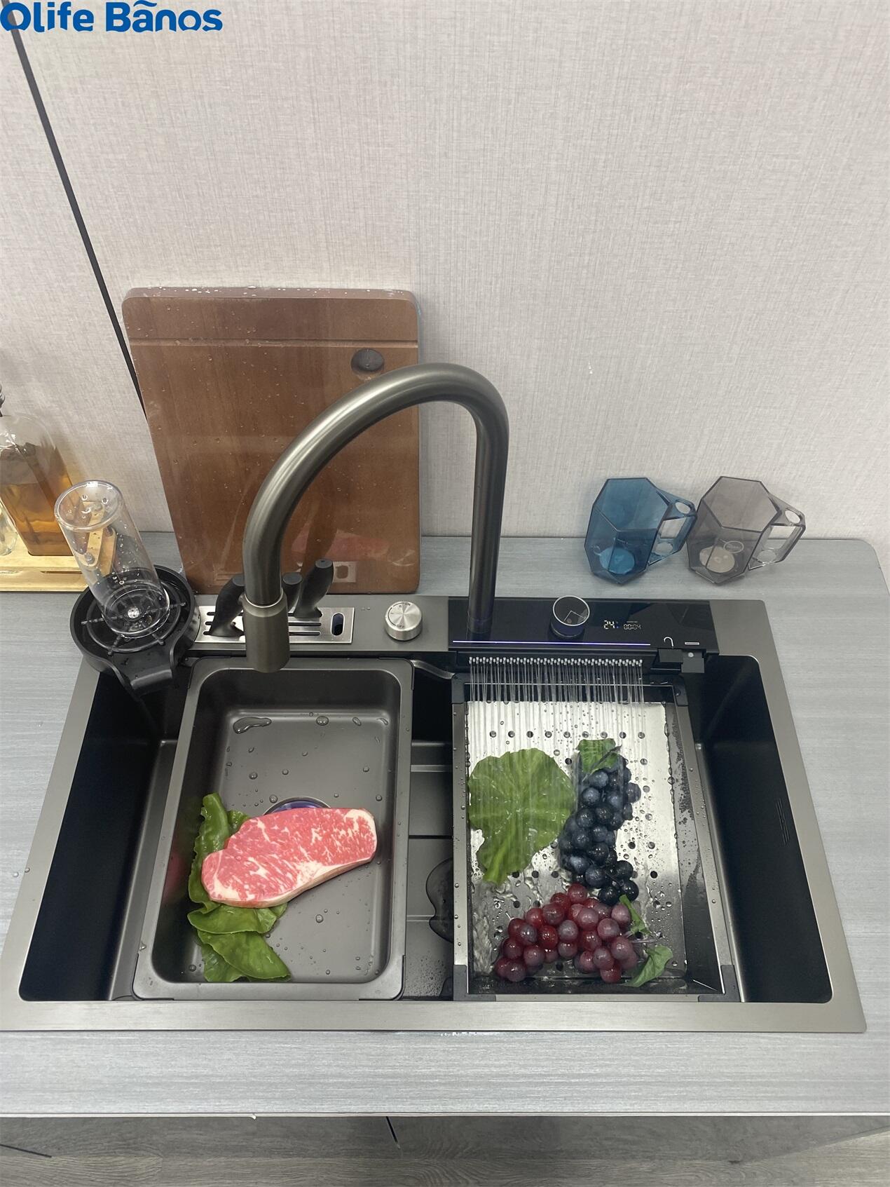 2023 New Design Temperature Digital Display Waterfall Faucet  304 Stainless Steel Kitchen Sink With Knife Holder factory